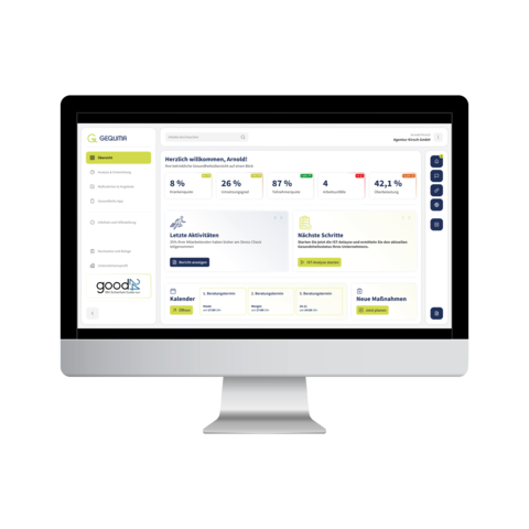 GEQUMA Dashboard mit zentralen Gesundheitskennzahlen, Aktivitäten und nächsten Schritten.