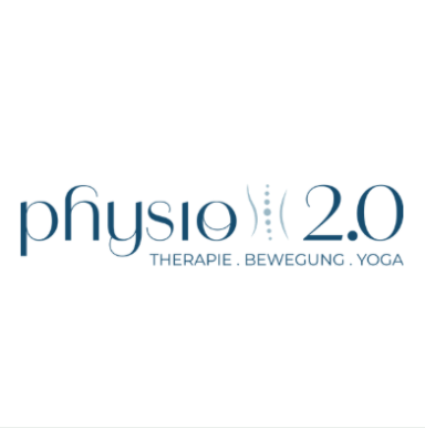 Logo von Physio 2.0, Therapie, Bewegung, Yoga in blauer Schrift auf weißem Hintergrund.