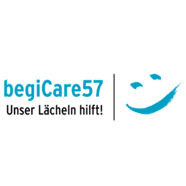 Logo von begiCare57 mit Slogan "Unser Lächeln hilft!" und lächelndem Gesicht.