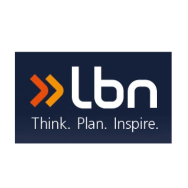Logo von lbn mit dem Slogan „Think. Plan. Inspire.“ in blauer und orangefarbener Schrift.